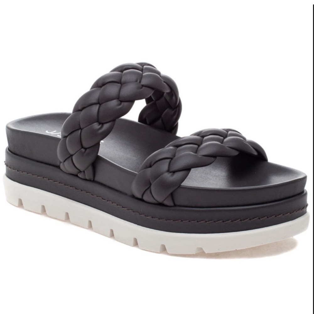 NWT J/SLIDES REESE Dark Grey Leather Woven Strap Sandal - Picture 2 of 16